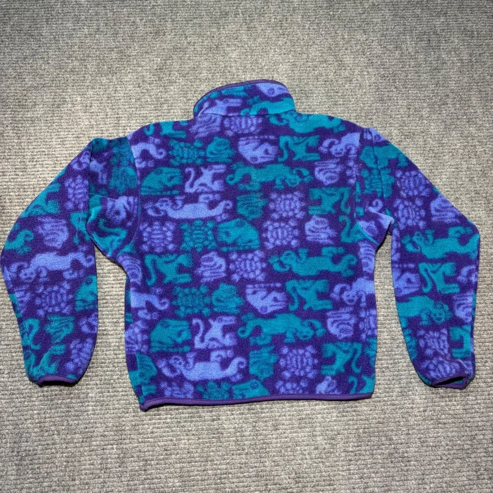 Patagonia Synchilla Snap-T Fleece Pullover Kids 14 Purple Teal Animal Print USA